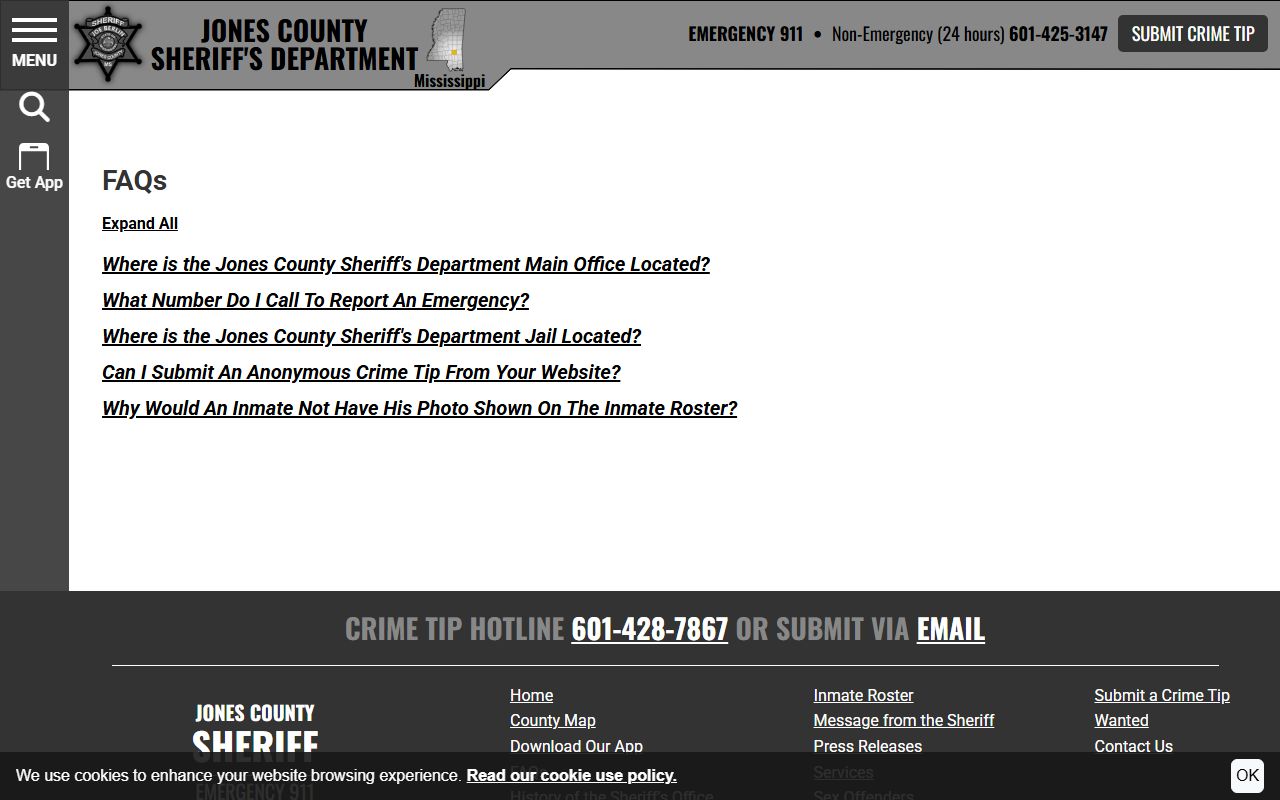 Jones County jail mugshots FAQ explaining booking photo display exceptions